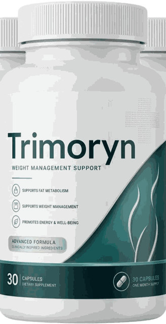 Trimoryn: a white and teal bottle of 30 capsules labelled Weight Management Support