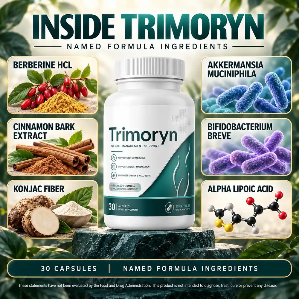 The brand's Inside Trimoryn panel, headed named formula ingredients, showing six of the eleven rows on the label