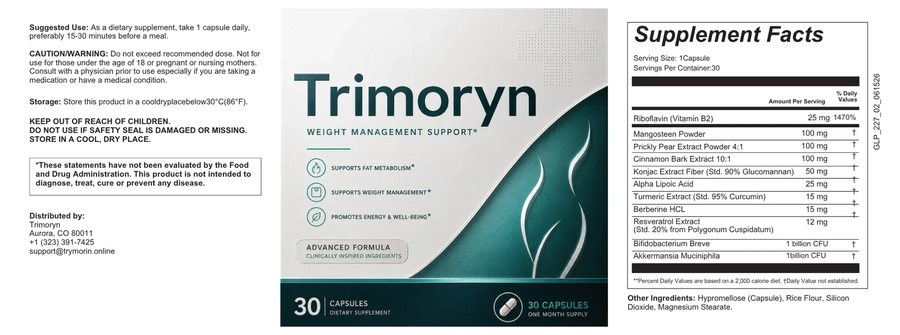 The Trimoryn label: suggested use, caution and storage text, the front panel, and the Supplement Facts panel listing eleven rows